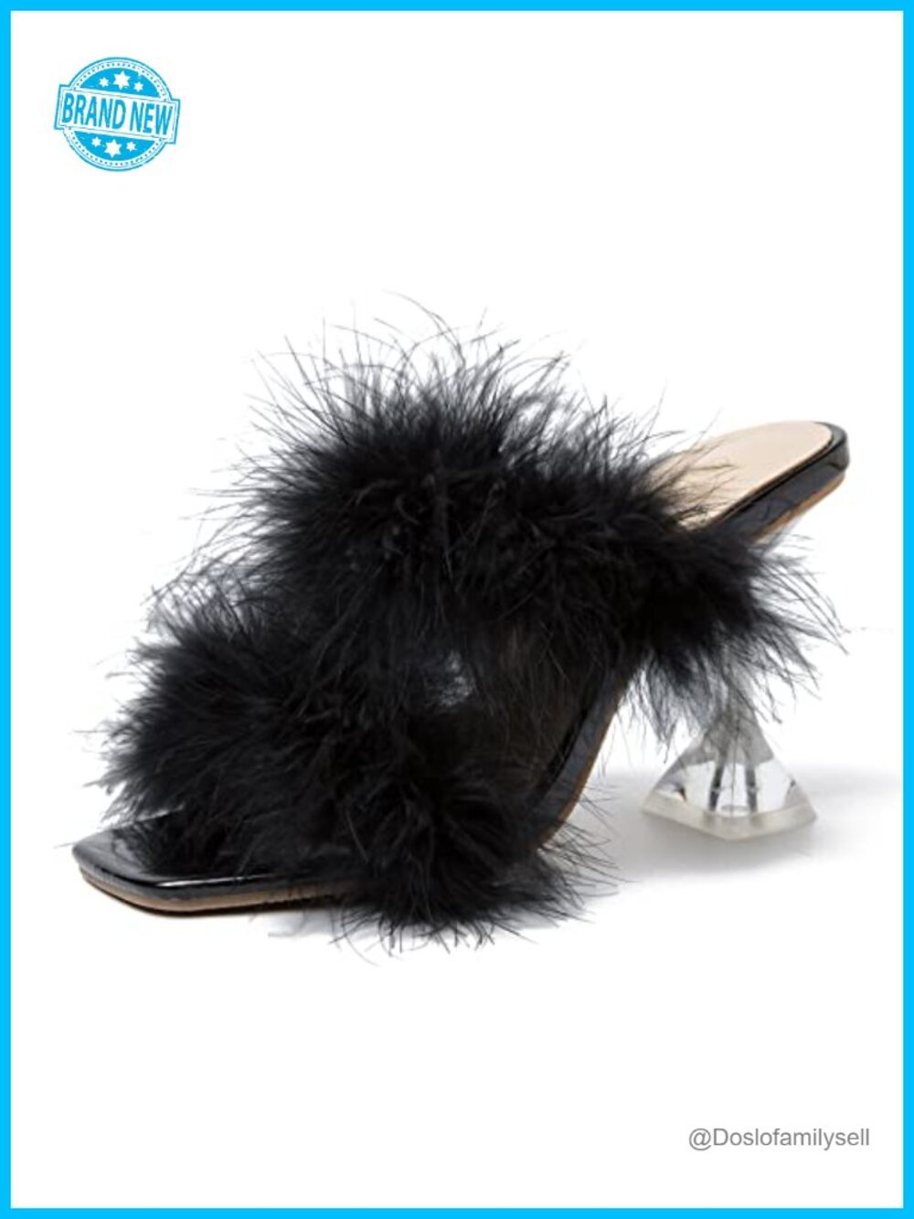 Square Toe Clear Heel Mule Sandals Fluffy Feather Band Party Prom Heels